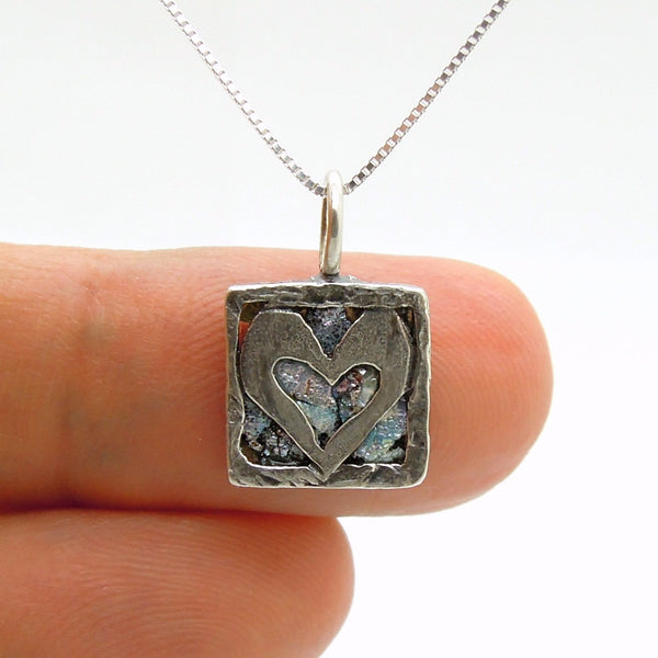 Pendant - Heart Necklace Pendant, Set In Silver & Roman Glass