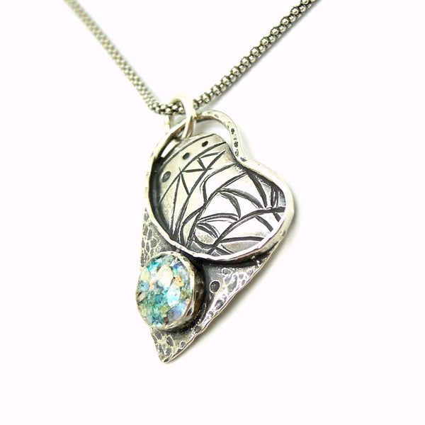 Pendant - Heart Necklace Pendant With Patterns And Hammered Silver