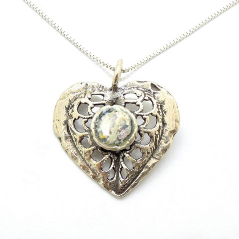 Pendant  - Heart Necklace Silver And Roman Glass Pendant