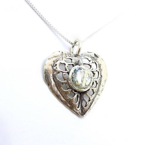 Pendant  - Heart Necklace Silver And Roman Glass Pendant