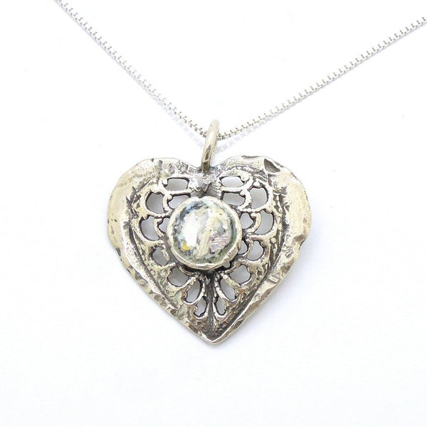 Pendant  - Heart Necklace Silver And Roman Glass Pendant