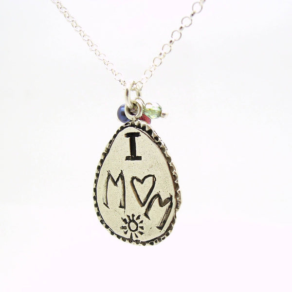 Pendant - I Love Mom Silver Pendant With Crystals And The Word Mom In Ancient Hebrew