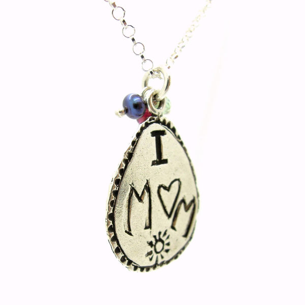 Pendant - I Love Mom Silver Pendant With Crystals And The Word Mom In Ancient Hebrew