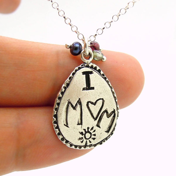 Pendant - I Love Mom Silver Pendant With Crystals And The Word Mom In Ancient Hebrew