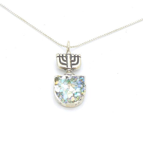 Pendant  - Jewish Menorah Silver And Roman Glass Pendant