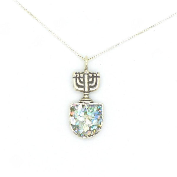 Pendant  - Jewish Menorah Silver And Roman Glass Pendant