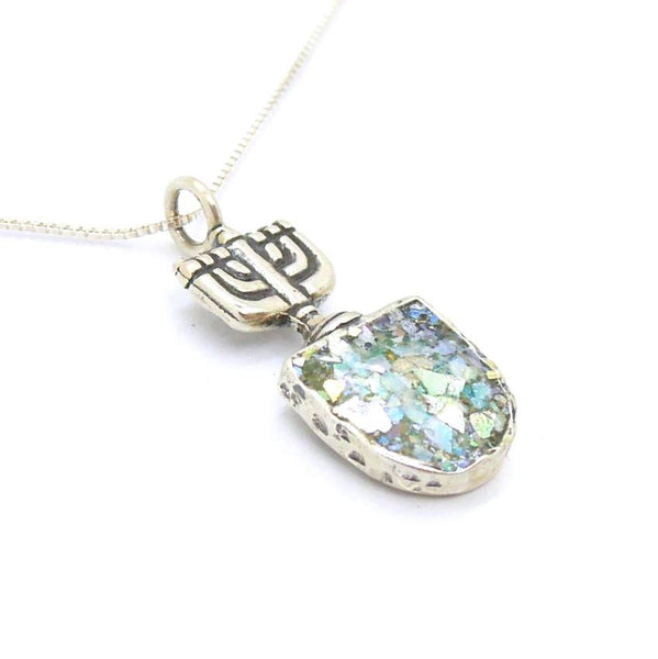 Pendant  - Jewish Menorah Silver And Roman Glass Pendant