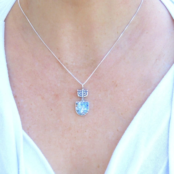 Pendant  - Jewish Menorah Silver And Roman Glass Pendant