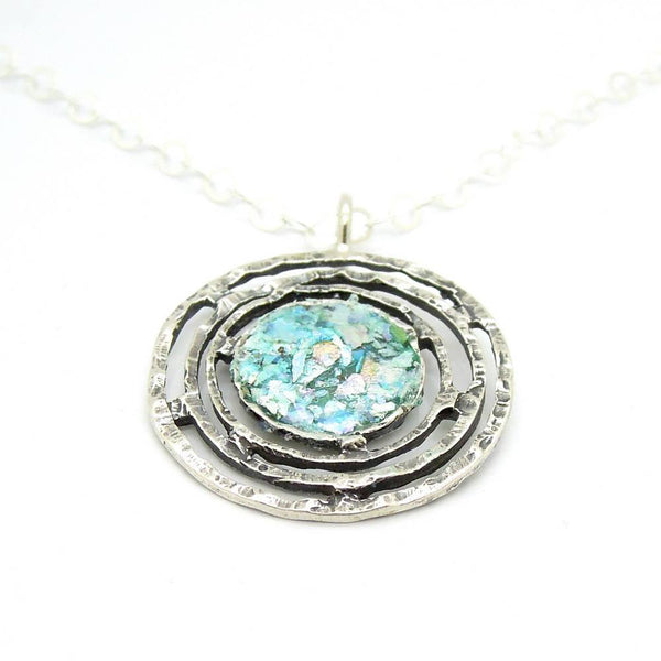 Pendant - Large Round Silver Pendant With Roman Glass