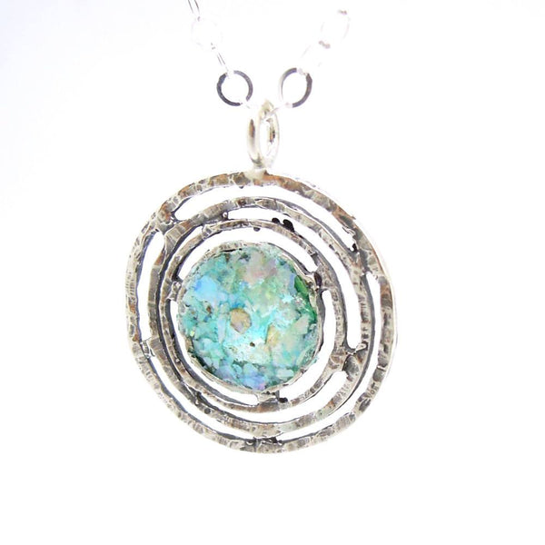 Pendant - Large Round Silver Pendant With Roman Glass