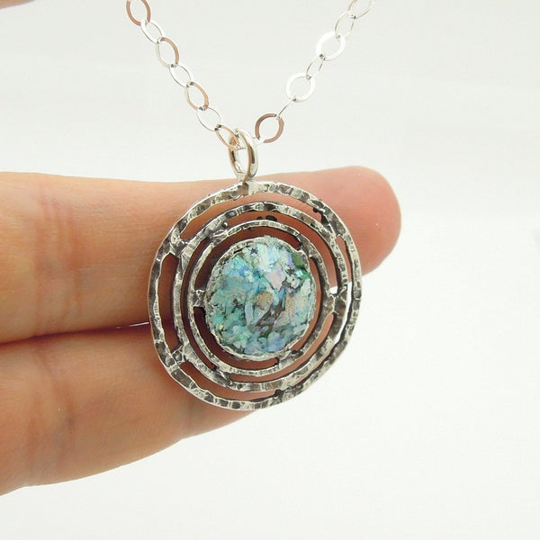 Pendant - Large Round Silver Pendant With Roman Glass