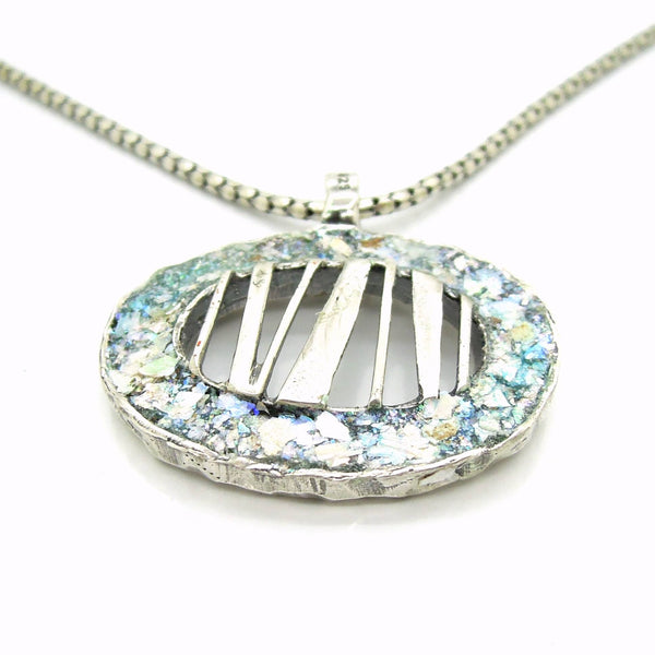 Pendant - Large Silver Pendant, Unisex Pendant, Oval Shaped With Ancient Roman Glass