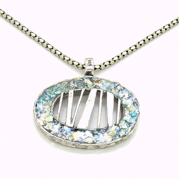 Pendant - Large Silver Pendant, Unisex Pendant, Oval Shaped With Ancient Roman Glass