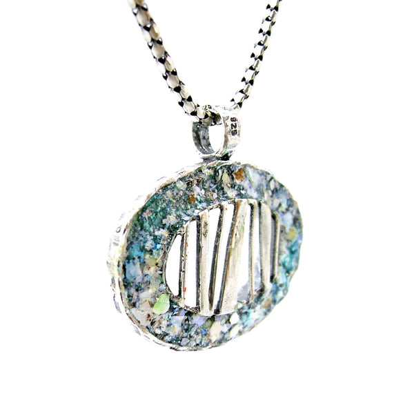 Pendant - Large Silver Pendant, Unisex Pendant, Oval Shaped With Ancient Roman Glass