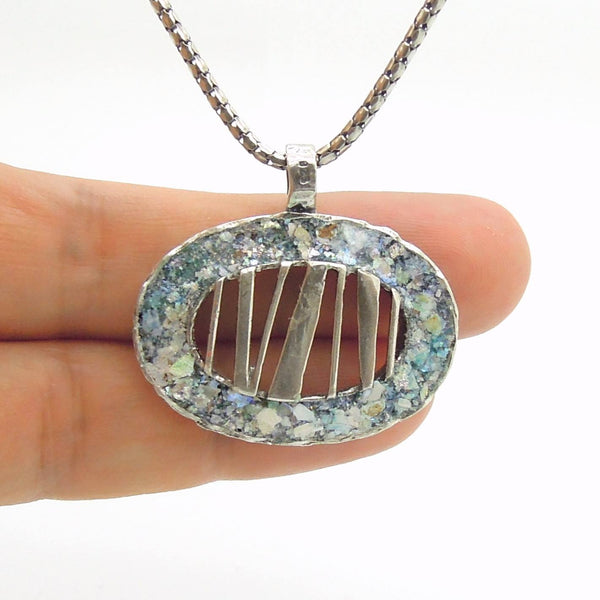 Pendant - Large Silver Pendant, Unisex Pendant, Oval Shaped With Ancient Roman Glass