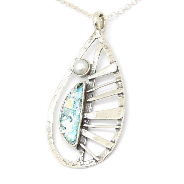 Pendant  - Large Silver Pendant With A Pearl & Roman Glass