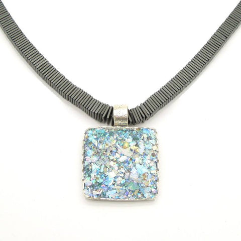 Pendant  - Large Square Hematite Large Silver And Glass Necklace