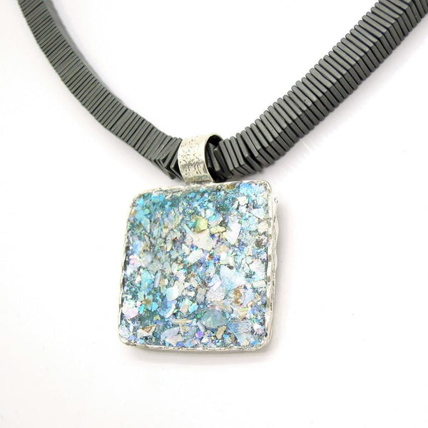 Pendant  - Large Square Hematite Large Silver And Glass Necklace
