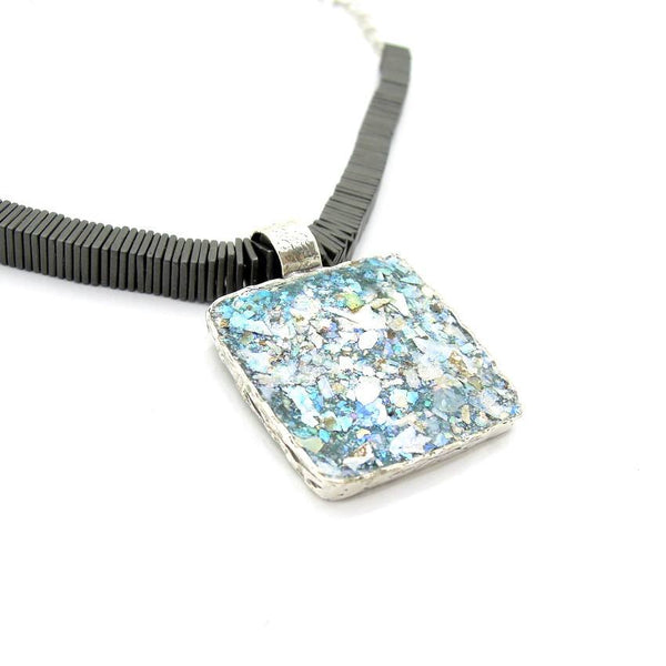 Pendant  - Large Square Hematite Large Silver And Glass Necklace