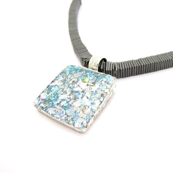 Pendant  - Large Square Hematite Large Silver And Glass Necklace