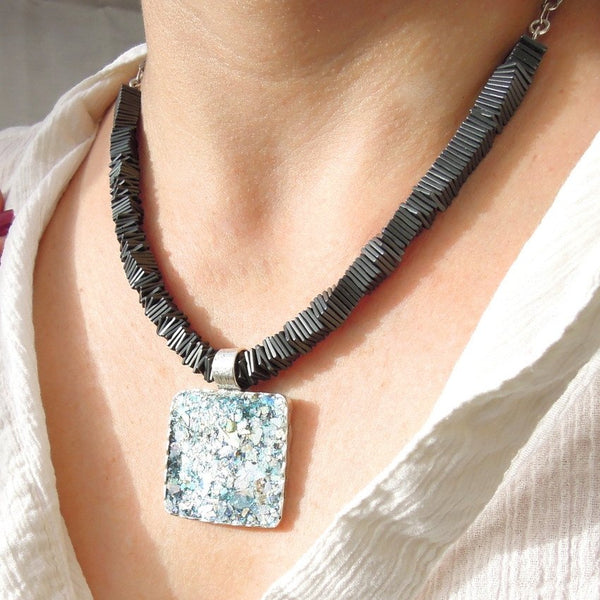 Pendant  - Large Square Hematite Large Silver And Glass Necklace