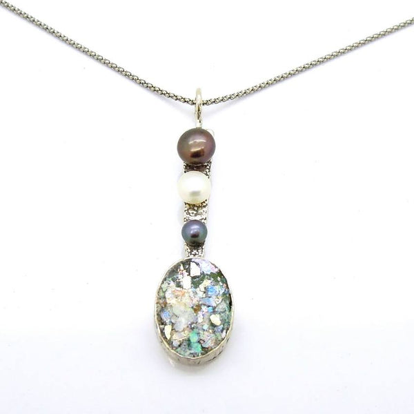 Pendant  - Long Silver And Roman Glass Black Pearl Pendant Necklace