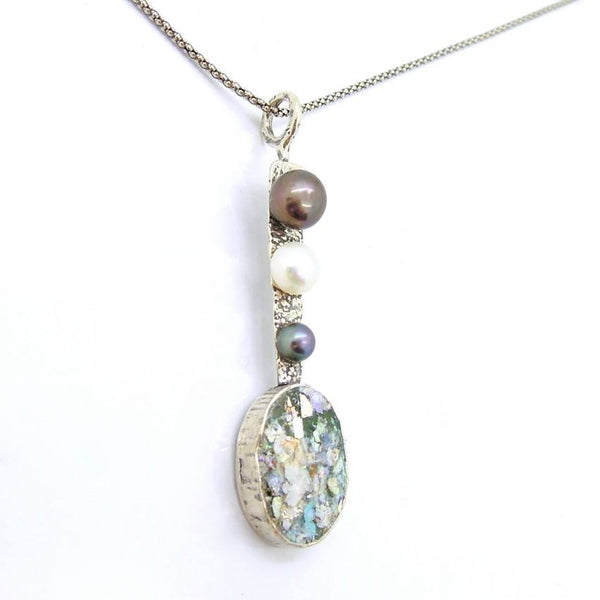 Pendant  - Long Silver And Roman Glass Black Pearl Pendant Necklace