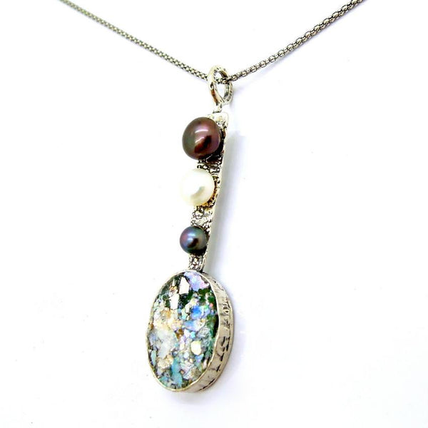 Pendant  - Long Silver And Roman Glass Black Pearl Pendant Necklace