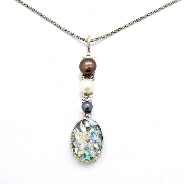 Pendant  - Long Silver And Roman Glass Black Pearl Pendant Necklace