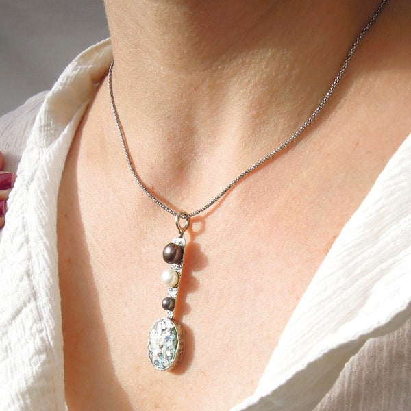 Pendant  - Long Silver And Roman Glass Black Pearl Pendant Necklace
