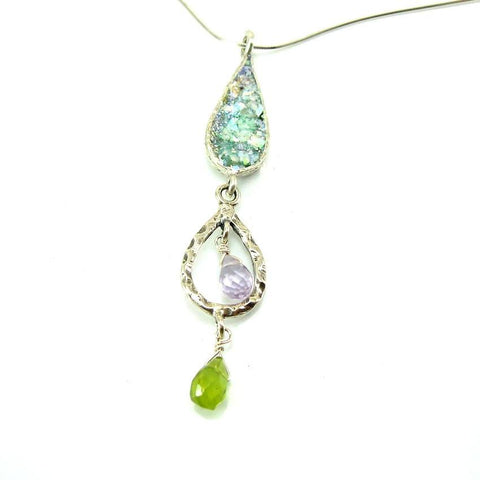 Pendant  - Long Silver And Roman Glass Gemstone Pendant