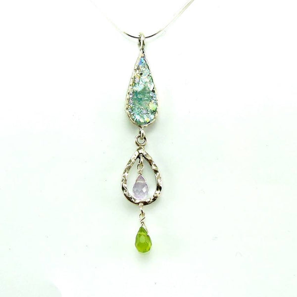 Pendant  - Long Silver And Roman Glass Gemstone Pendant