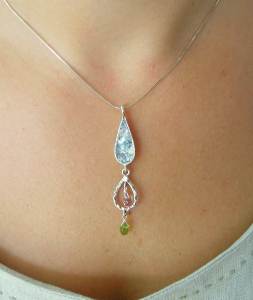 Pendant  - Long Silver And Roman Glass Gemstone Pendant