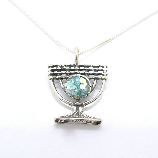 Pendant  - Menorah Judaica Silver And Roman Glass Pendant