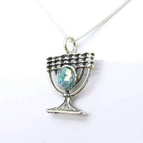 Pendant  - Menorah Judaica Silver And Roman Glass Pendant