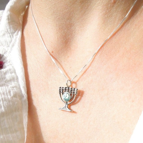 Pendant  - Menorah Judaica Silver And Roman Glass Pendant