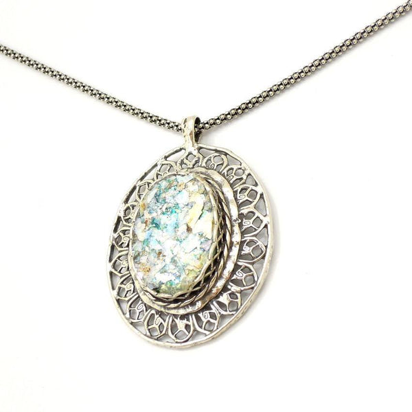 Pendant - Oval Filigree Silver Necklace With Roman Glass