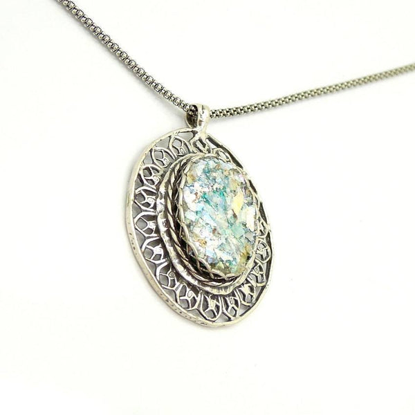Pendant - Oval Filigree Silver Necklace With Roman Glass