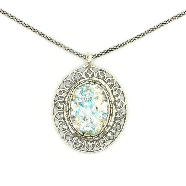 Pendant - Oval Filigree Silver Necklace With Roman Glass