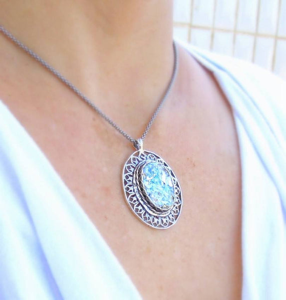 Pendant - Oval Filigree Silver Necklace With Roman Glass