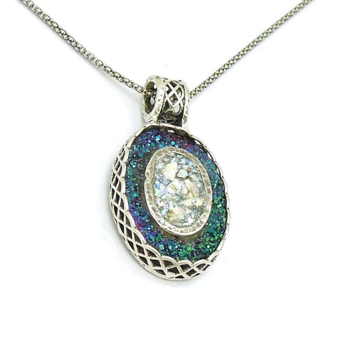 Pendant - Oval Silver Pendant With Green Druzy Agate And Roman Glass