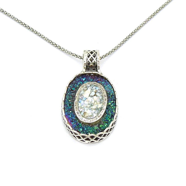 Pendant - Oval Silver Pendant With Green Druzy Agate And Roman Glass