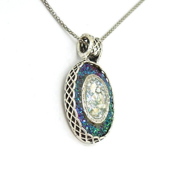 Pendant - Oval Silver Pendant With Green Druzy Agate And Roman Glass
