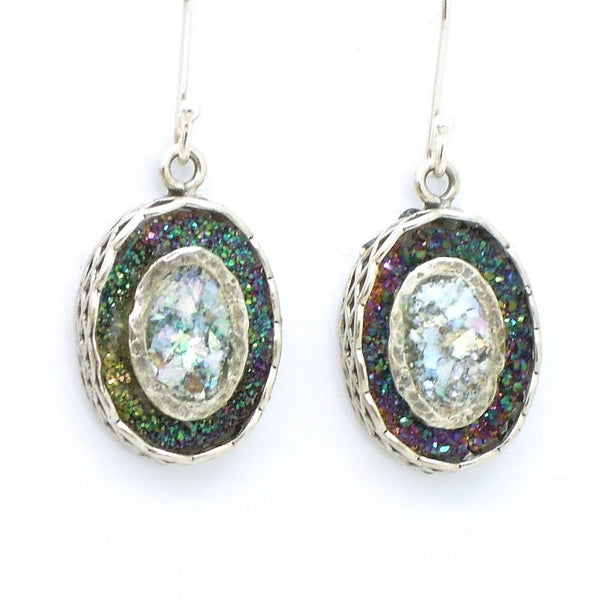 Pendant - Oval Silver Pendant With Green Druzy Agate And Roman Glass