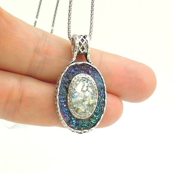Pendant - Oval Silver Pendant With Green Druzy Agate And Roman Glass