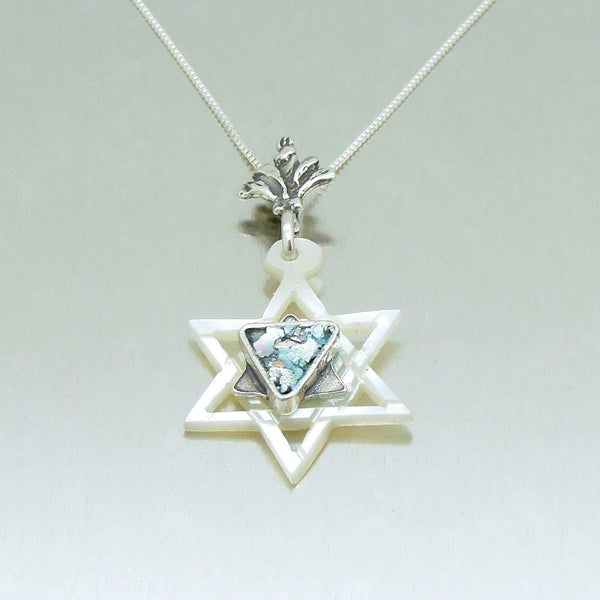 Pendant  - Pearl Star Of David Silver And Roman Glass Necklace