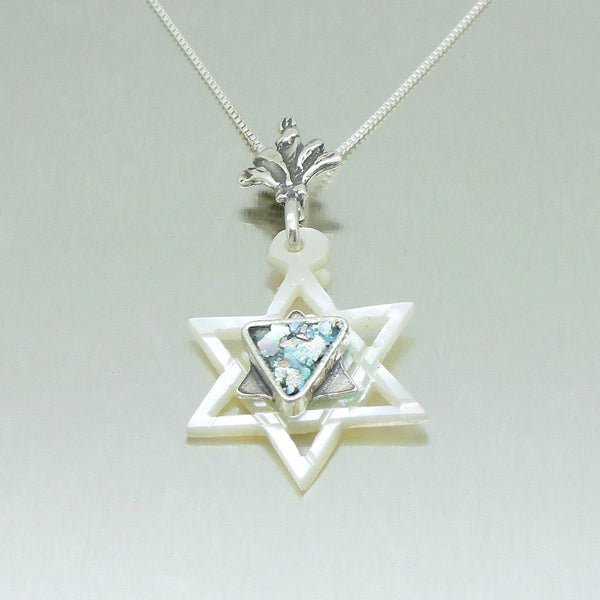Pendant  - Pearl Star Of David Silver And Roman Glass Necklace