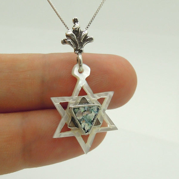 Pendant  - Pearl Star Of David Silver And Roman Glass Necklace