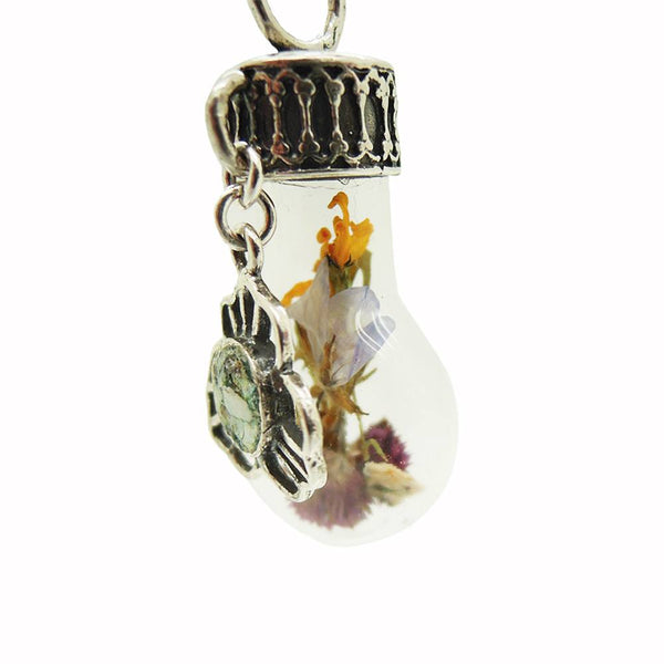 Pendant - Real Flowers From Israel In A Glass Bottle With Silver & Roman Glass Pendant