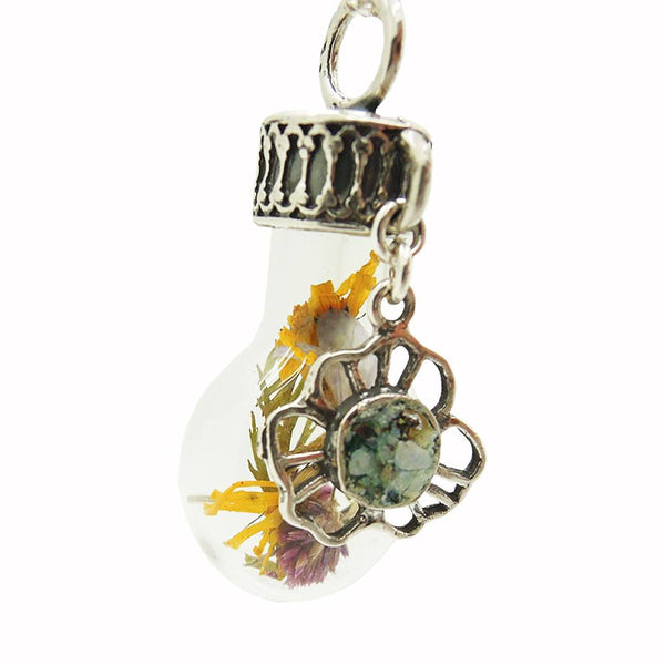 Pendant - Real Flowers From Israel In A Glass Bottle With Silver & Roman Glass Pendant